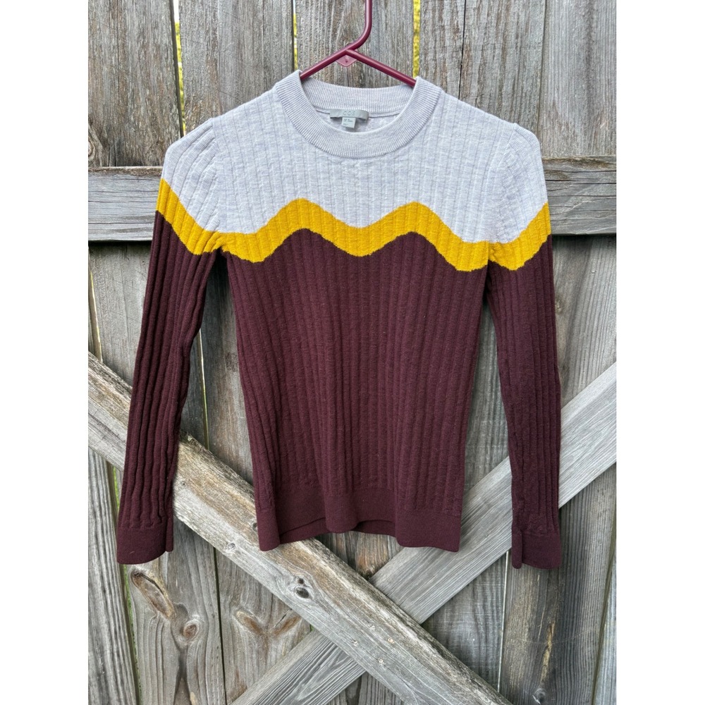 COS 100% Wool Ribbed Colorblock Wavy Chevron Sweater Burgundy Grey Yellow XS